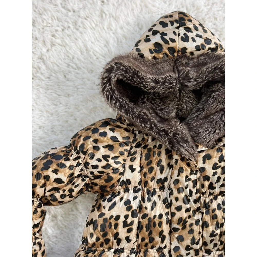 Lands End Kids Streetwear Leopard Print Hooded‎ Puffer Coat Faux Fur Trim L 14